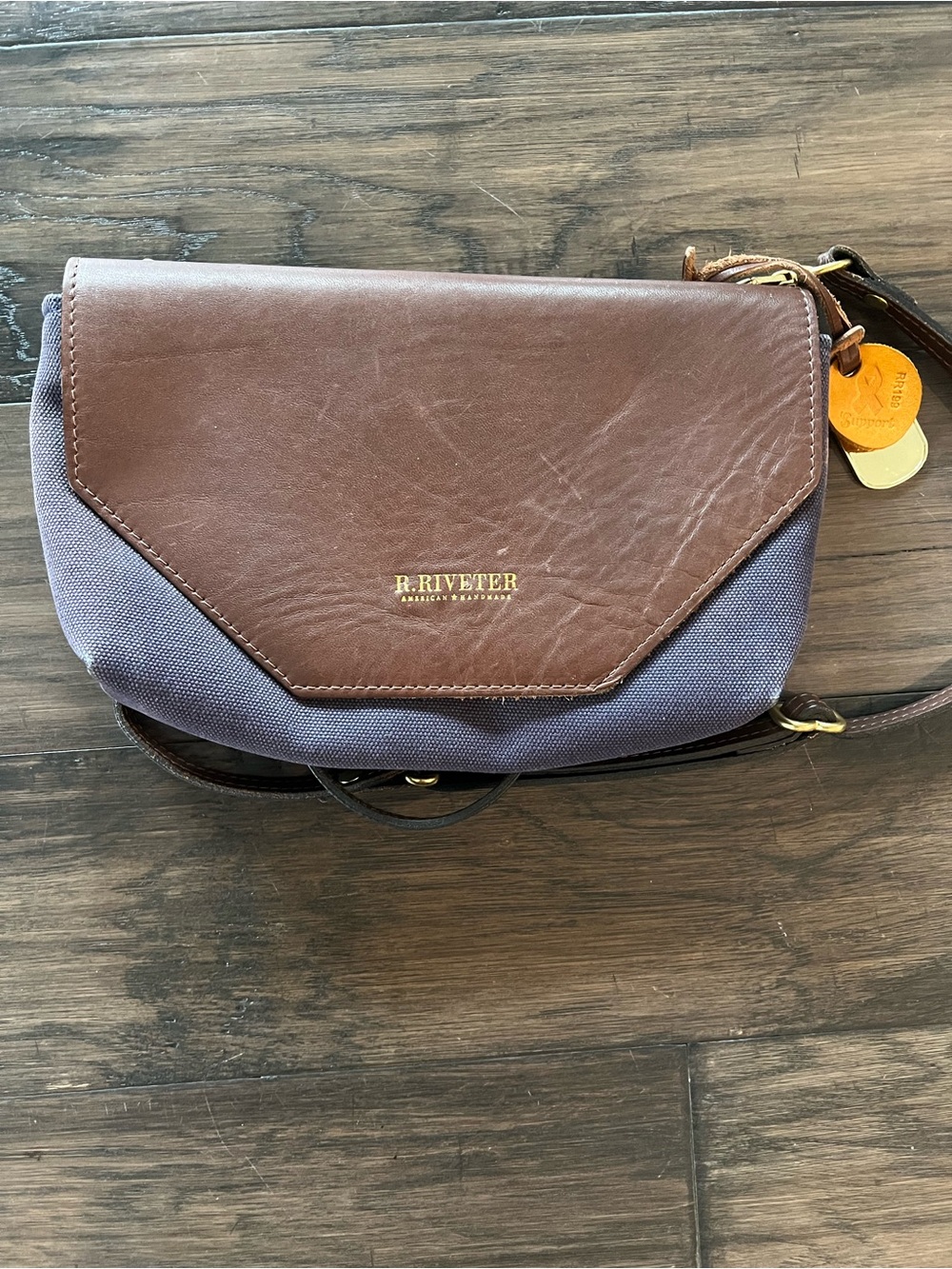 R. Riveter Brown Leather & Blue Canvas Crossbody Bag